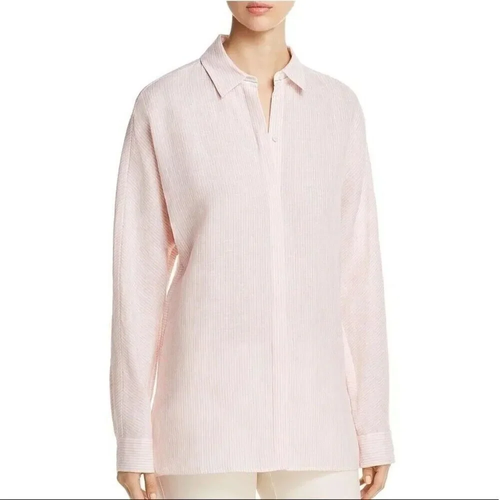 Lafayette 148 New York Size Small pink pinstripe linen‎ top collared button up - Picture 11 of 11
